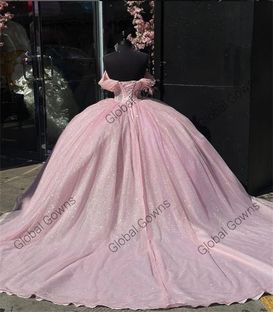 Mexico Roze Off The Shoulder Baljurk Quinceanera Jurk Kralen Verjaardagsfeestjurken Sweet 16 Prom Dresses Robe De Bal