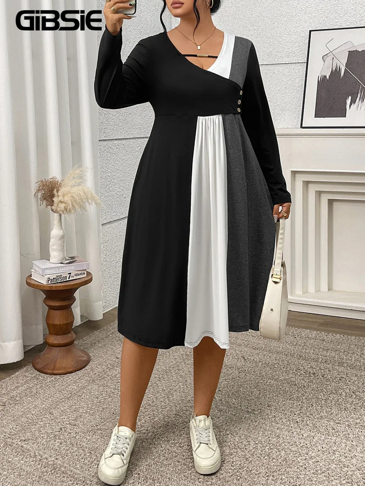 

GIBSIE плюс размер, осеннее женское платье с цветными блоками и пуговицами, 2025 г., повседневное универсальное платье трапециевидной формы миди с v-образным вырезом и длинными рукавами