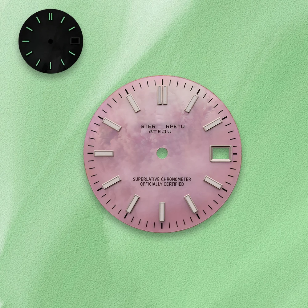 المبيعات الساخنة 28.5 مللي متر S شعار سجل اللؤلؤ قذيفة الذهبي NH35 الهاتفي الأخضر Noctilucent صالح NH36 ساعة يد تعمل بالحركة تعديل الملحقات