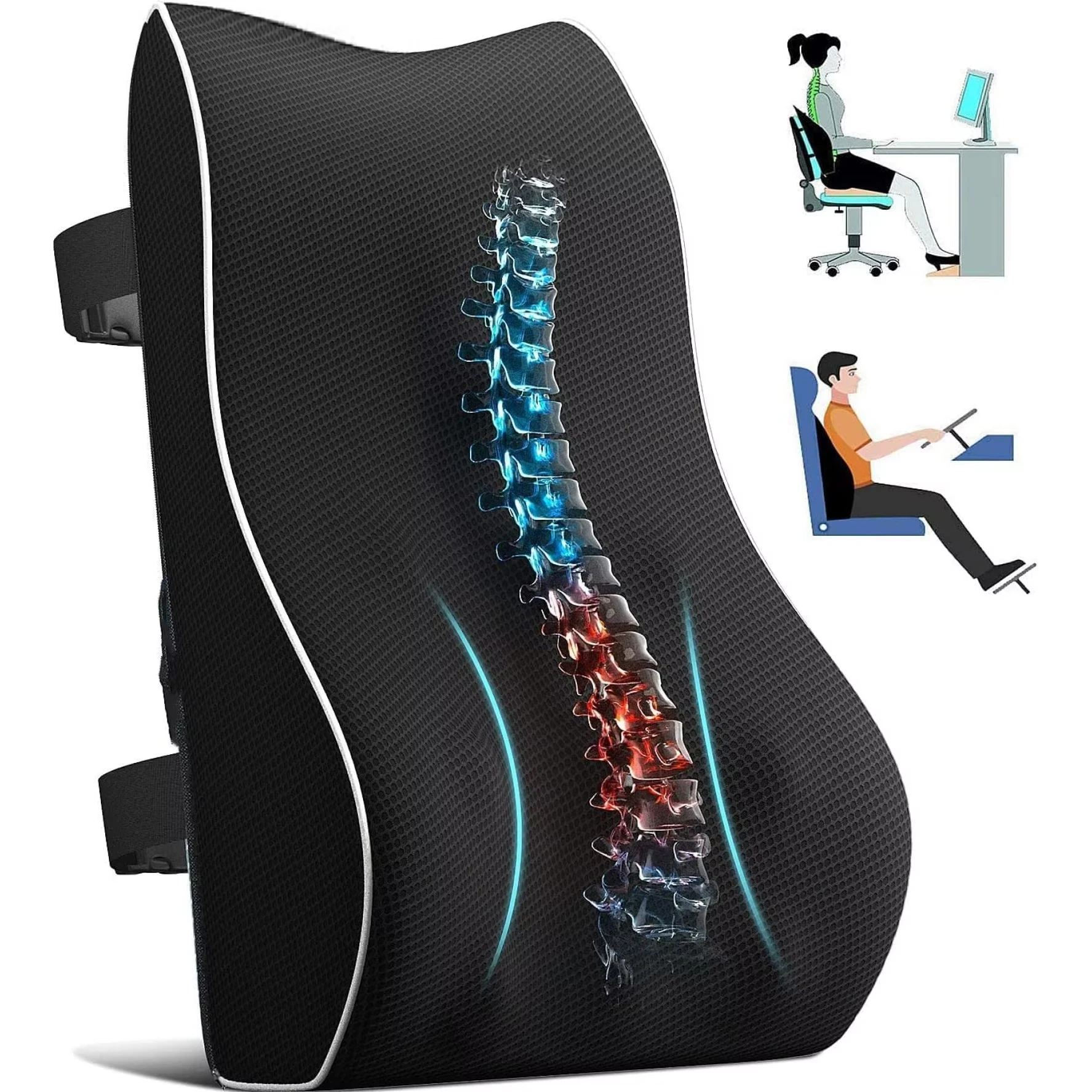 

Memory FoamLumbar Support Pillow for Office Chair with Patented Bulge for Lower Back Support, with Straps for Home, Office, Car