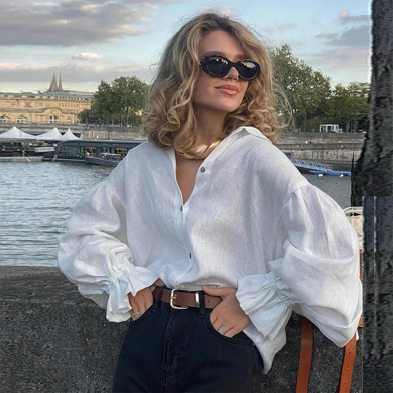 

Summer New Loose Plus Size Shirt Solid Color Lapel Lantern Sleeve Long Sleeved Shirt Fashion Casual Women's Single Breasted Top