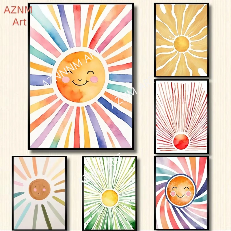Sunshine Gold Sun Canvas Painting Mid Century Modern Bohemian Wall Art Living Room Home Decor Minimalist Watercolor Poster