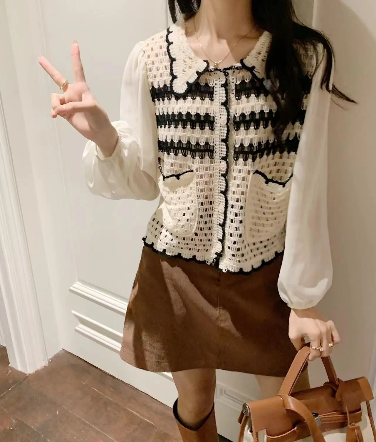 Fashion Knitted Shirt Women Lapel Striped Crochet Hollow Out Casual Top