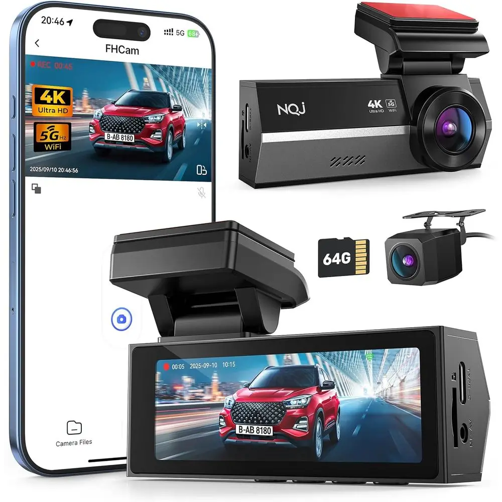 

Видеорегистратор 4K+2K с двумя камерами, картой 64 ГБ, Wi-Fi 5G, поддержкой приложения, G-сенсором, экраном 3.2 дюйма, круглосуточным мониторингом парковки, углом обзора 170° ° Просмотр, ночное видение