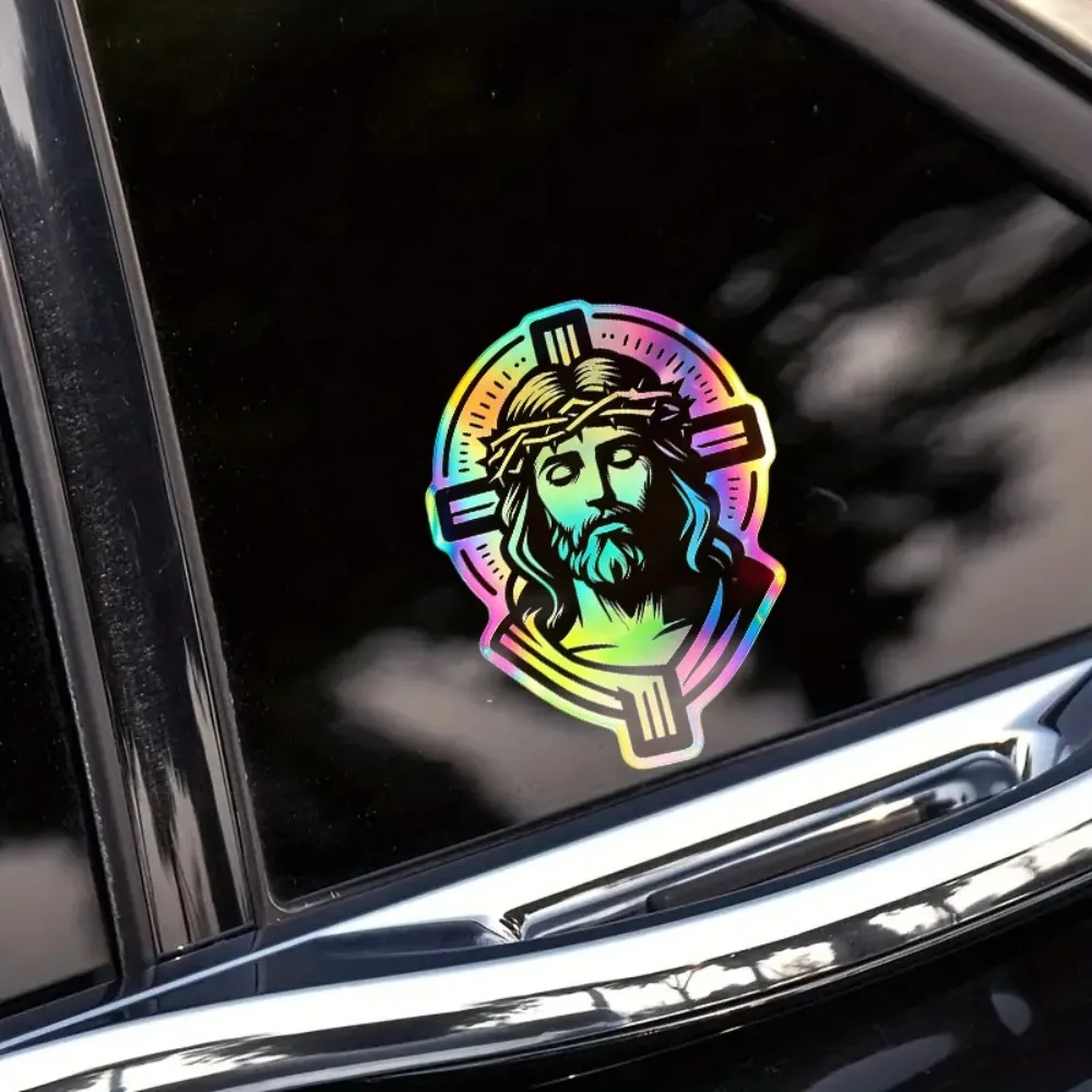 

Laser Colorful Jesus Cross Waterproof Vinyl Sticker, Religious Faith Decal for Car Motorcycle Daily Decor