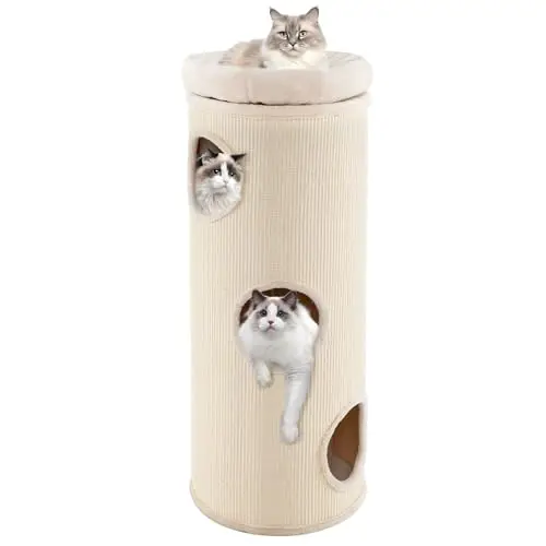 4 Story Cat Tree Condo, 49” Barrel-Shaped Cat House with Detachable Sisal Scratching Board, 3 Hideaways & Removable