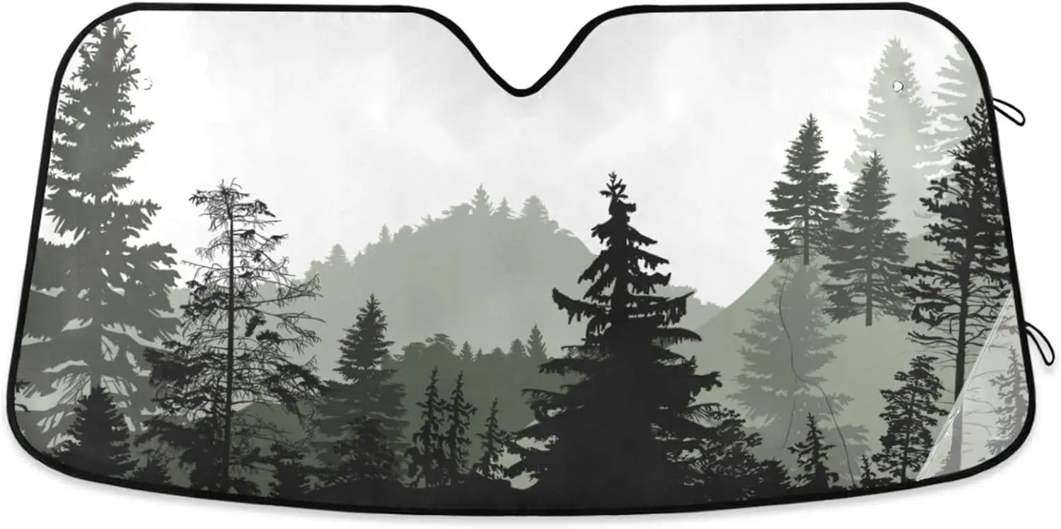 

Windshield Sun Shade Sunshade Visor Shield Cover for Car Front Window Foldable 55' x 27.6' Mountain Forest Tree White