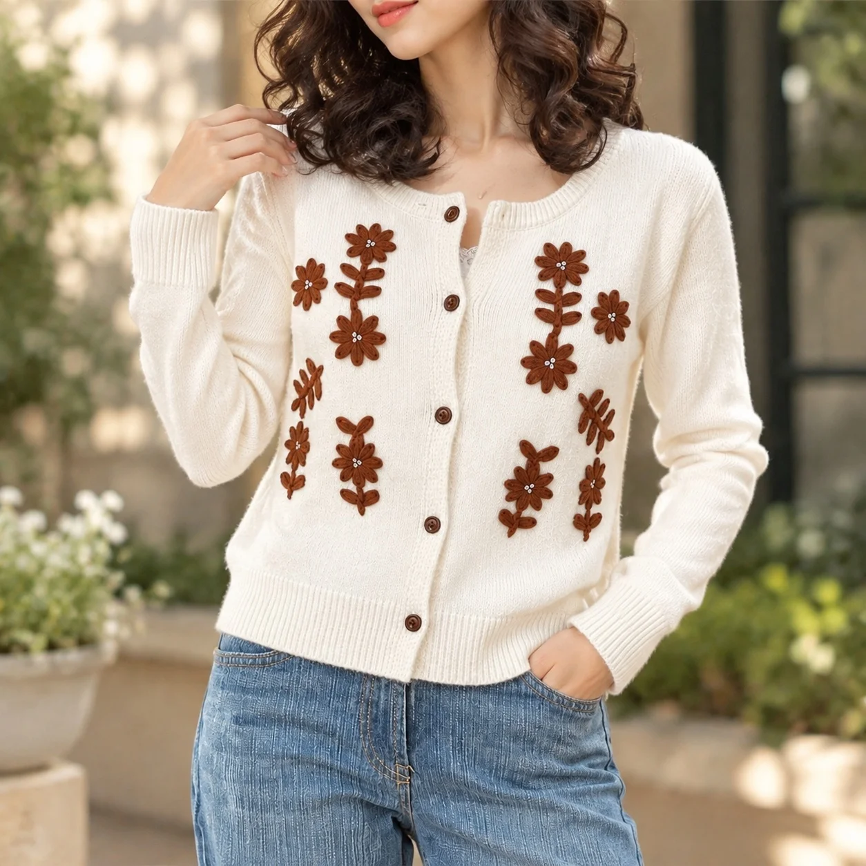 Long Sleeve Coat Round Neck Regular Length Pastoral Style with Button Front Fresh Sweet Style Flower Pattern Cardigan for Women