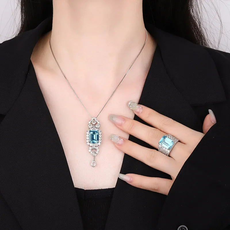 S925 เงิน 18K Gold Plated PT950 Platinum Aquamarine ขนาดเล็กอารมณ์สดชุดจี้แหวน 10*14