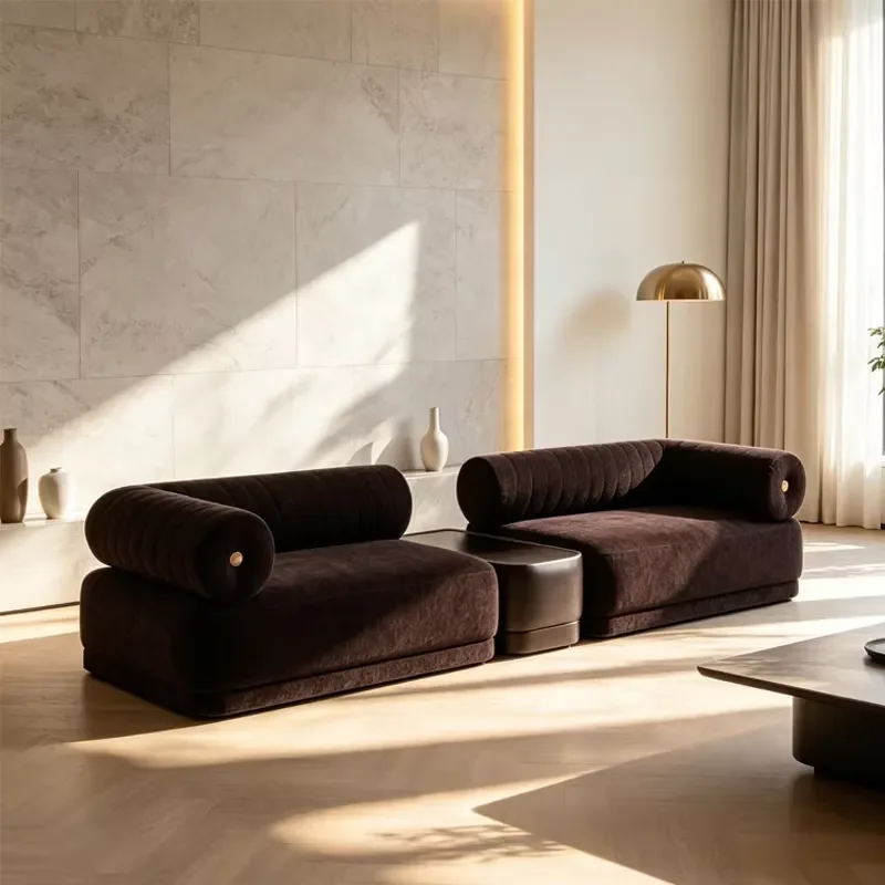 Modular Brown Sofa Living Room Furniture Set with Cylinder Back Upholstered Combination Couch with Integrated Side Table