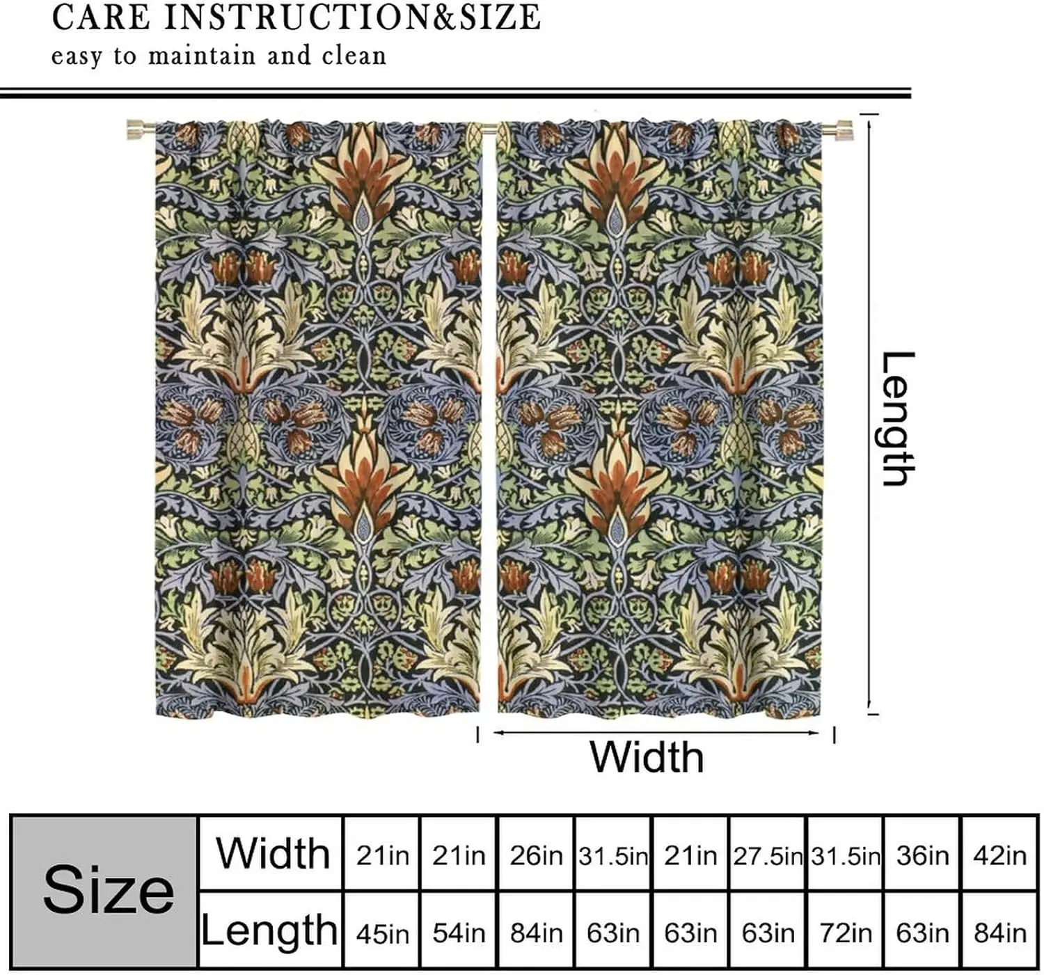 Vintage William Morris Window Curtains, Art Nouveau Floral Pattern Print Drapes, Retro Bohemian Decor for Bedroom Living Room