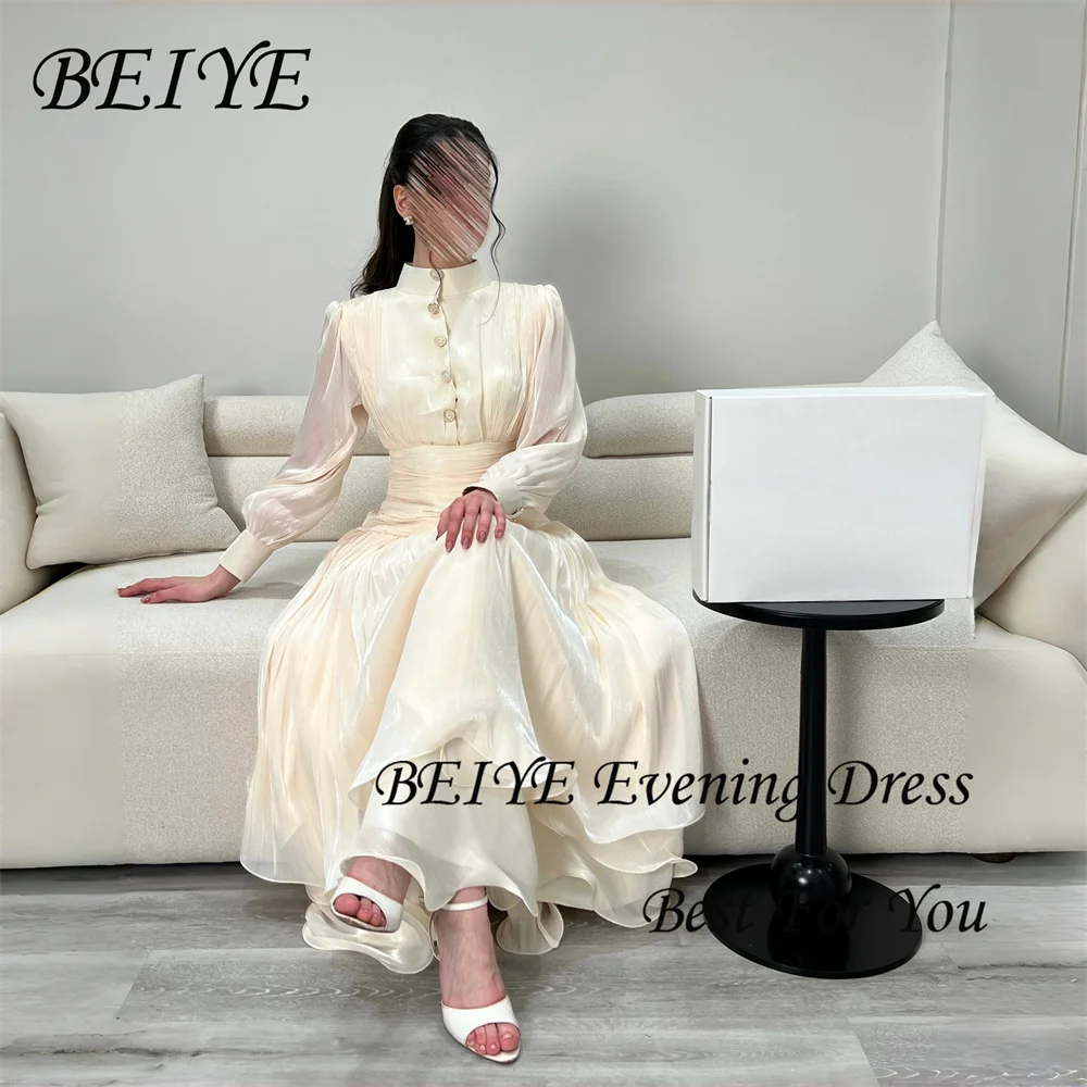 BEIYE Elegant Long Sleeves A-Line Evening Dresses High Collar Buttons Pleat Prom Dress Ankle Length Party Gowns Women Customized