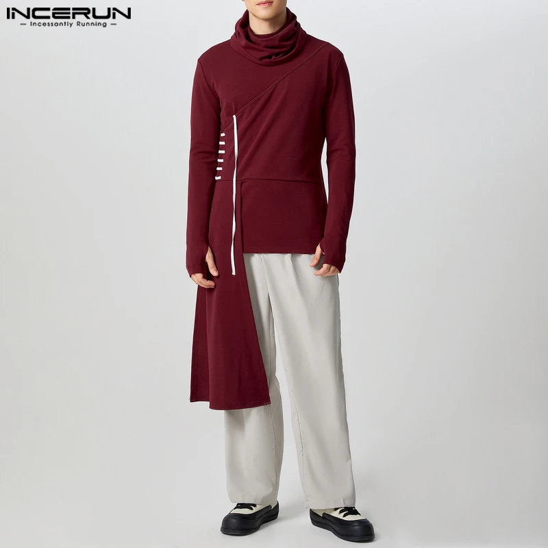 INCERUN Men Irregular Tank Tops Solid Color Turtleneck Sleeveless Casual Male Vests Streetwear 2026 Lace Up Handsome Clothing