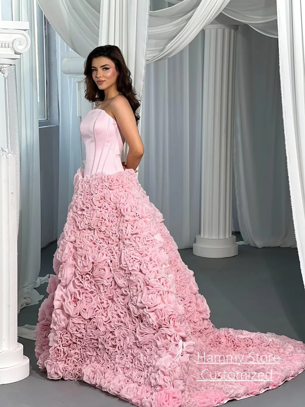 Customized Color Wedding Dress Elegant Strapless Sleeveless Handmade Flowers Court Train A Line Corset Bridal Gown