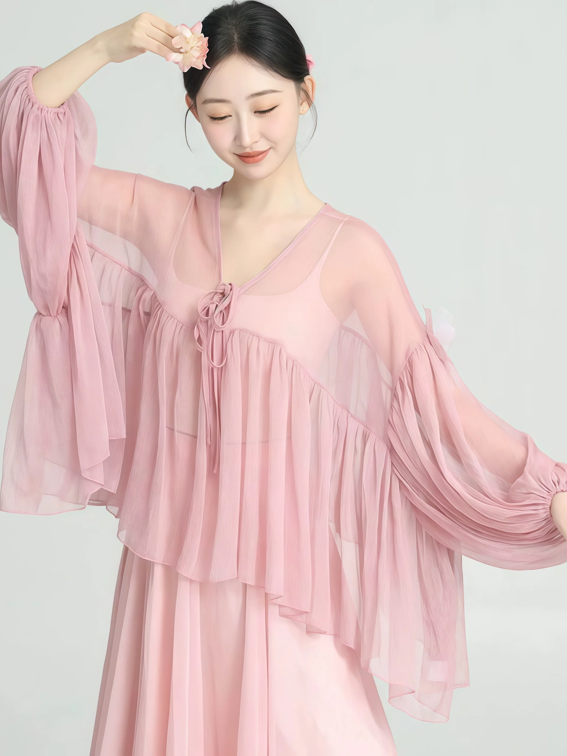 new-classical-dance-costume-loose-lantern-sleeve-shawl-top-ancient-style-performance-practice-uniform-set-women's-elastic-waist