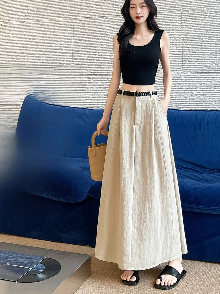 Khaki Cotton Linen Belted Half Skirt Women's Summer New High Waist Draping Hip Covering Slim A-Line Long Skirt