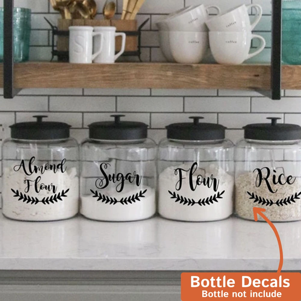 4Pcs Pantry Kitchen Canister Jar Labels Decal Sticker Laurel Wreath Sugar Flour Almond Flour Rice Vinyl Home Decor