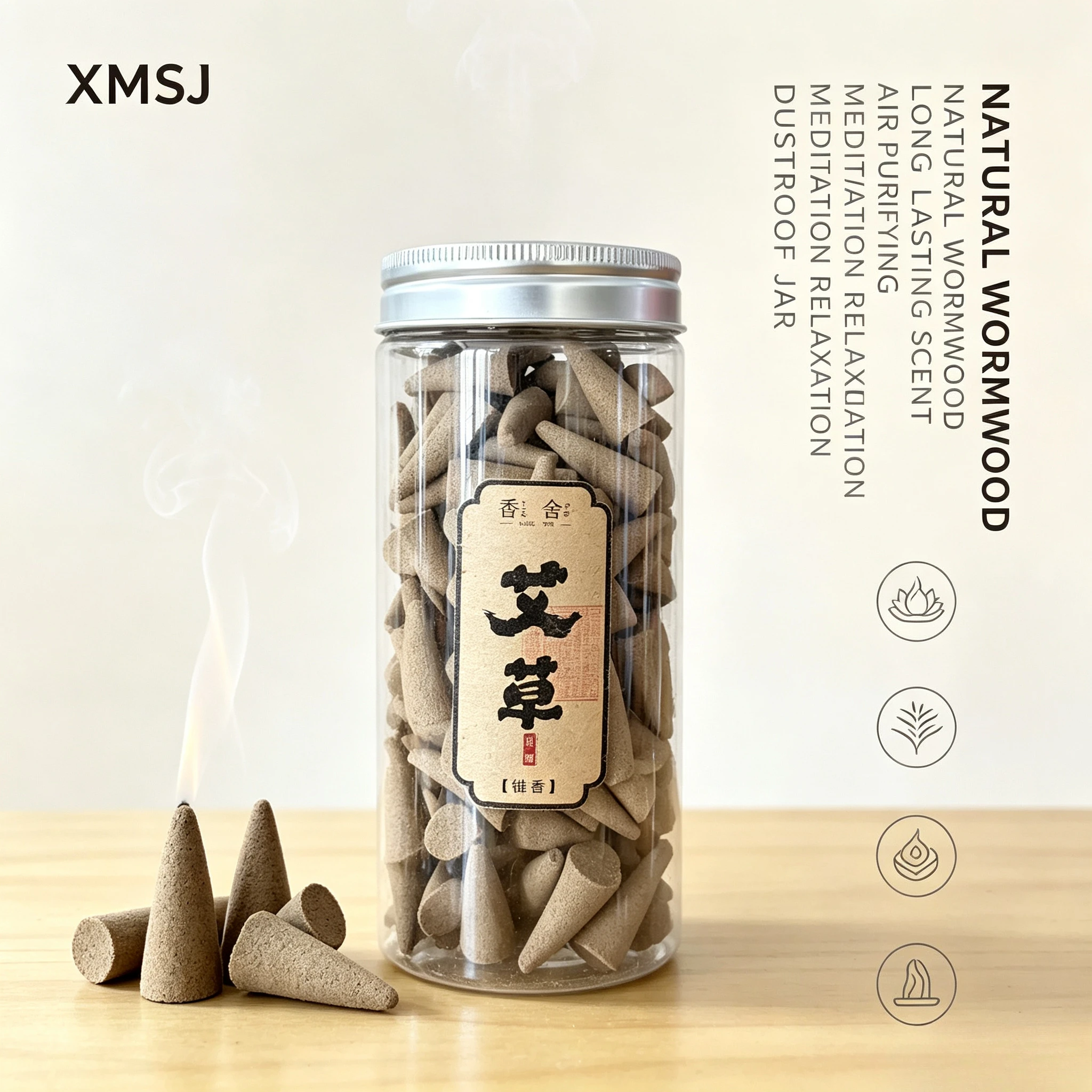 XMSJ Natural Wormwood Backflow Cone Incense, Herbal Aromatherapy Incense Cones for Yoga Meditation Home Indoor Fragrance