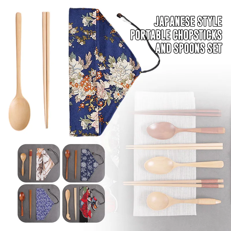 

Japanese Portable Chopsticks Spoon Fork Tableware Cloth Bag Izakaya Decor Wooden Cutlery Printed Sets Travel Dinnerware Suit