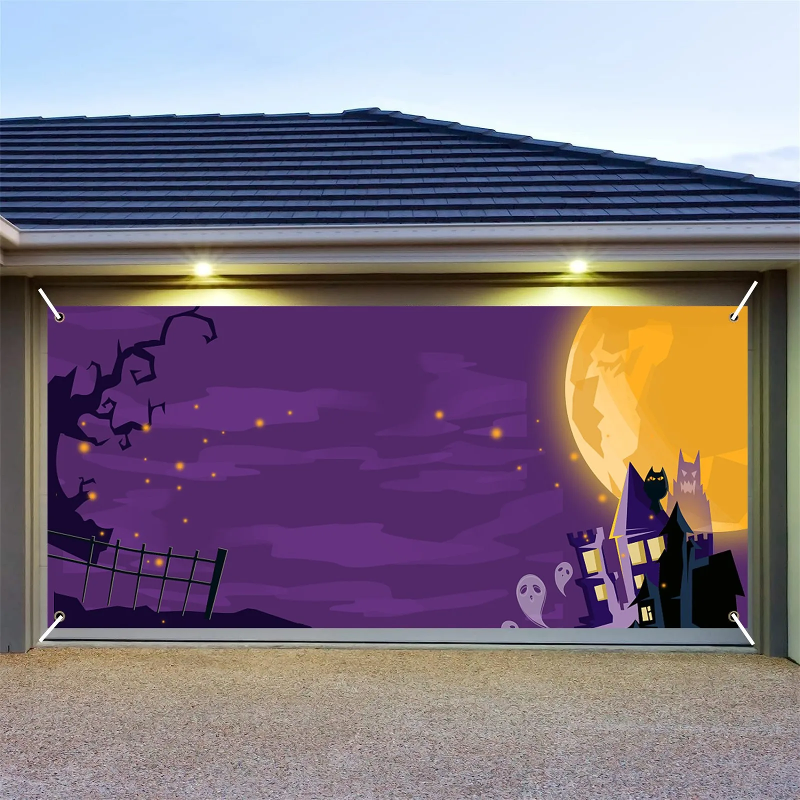 480x210cm Happy Halloween Holiday Banner Decoration Outdoor Garage Door Cover Large Door Cover Wall Banner Backdrop Cloth Mural