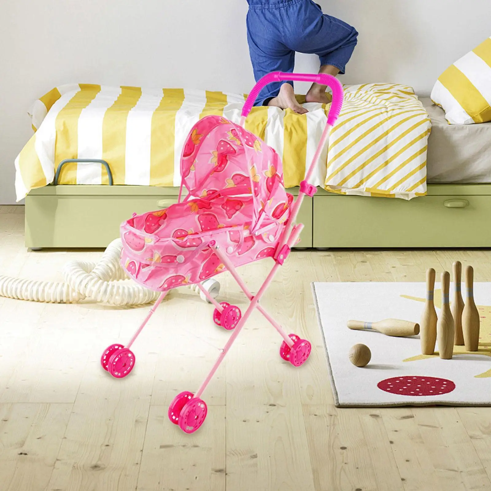 Boneca mini carrinho de empurrar dobrável brinquedo para idades 0-2 anos meninos meninas (rosa)