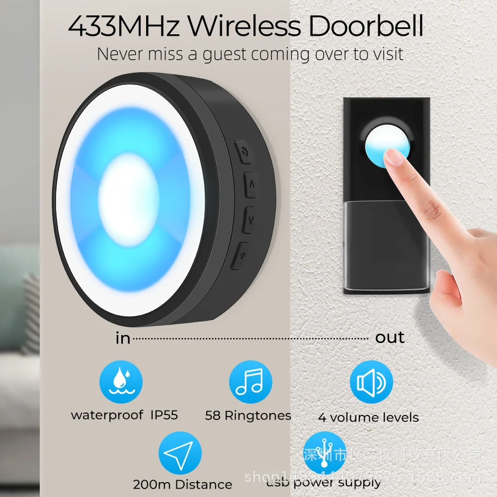 Home USB Powered 433MHz ไร้สายอัจฉริยะ Doorbell สมาร์ท IP55 กันน้ํา Wifi เพลงประตู Bell Briant Lighting