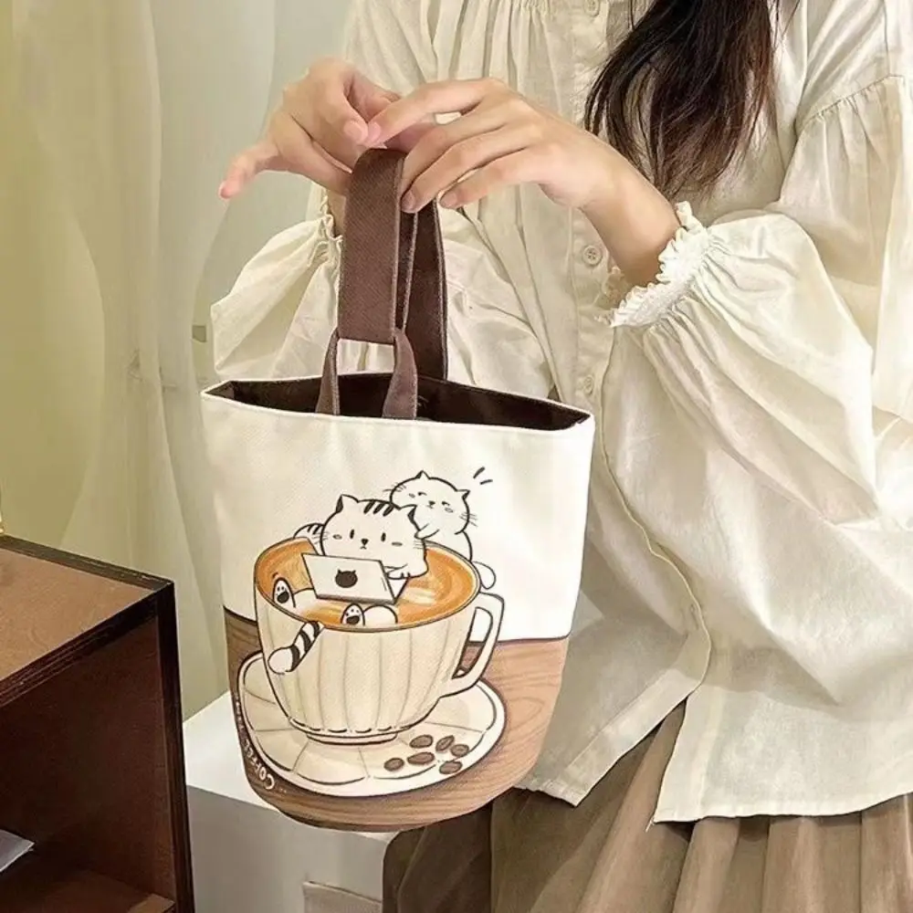 

Cartoon Canvas Coffee Cat Bucket Bag Korean Style Cute Handbag Spring Outing Shopping Bag Women Sweet Cute Handbag