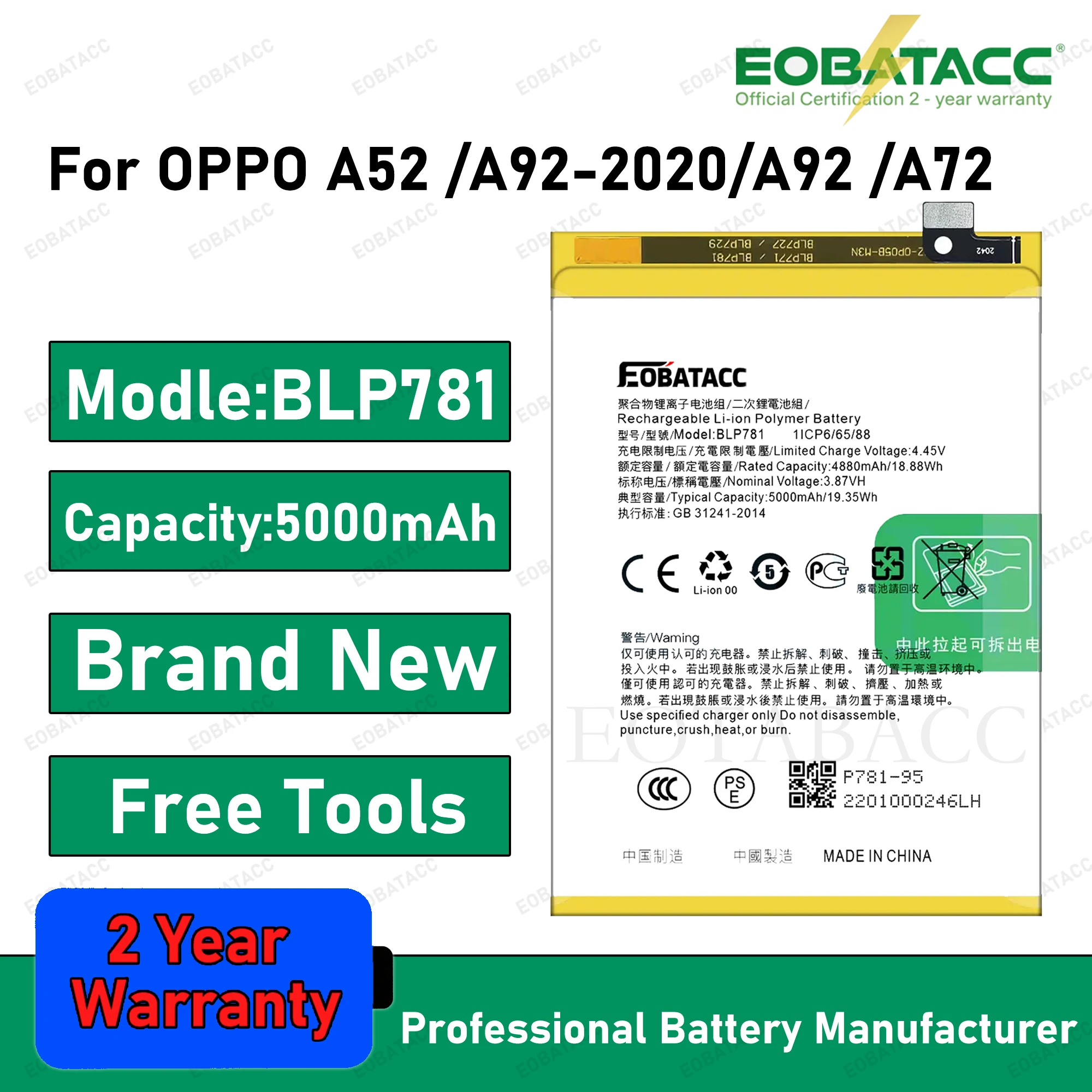 

2025 Years EOBATACC 100% New BLP781 Battery For oppo A52/ A92-2020/CPH2061/CPH2059/A92 /A72 Batteries+Free Tools