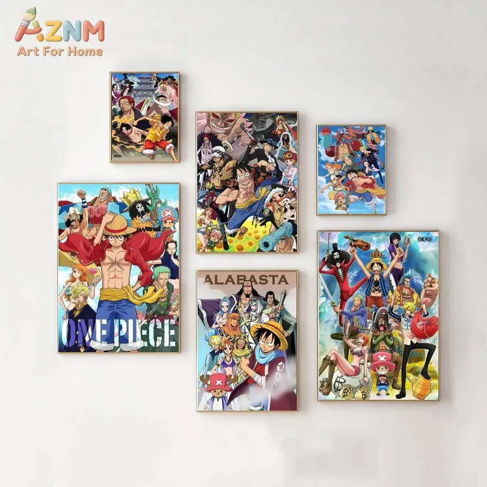 AZNM One Piece Unframed Canvas Print Luffy Straw Hat Crew Alabasta Anime Character Wall Art Poster Home Bedroom Decor