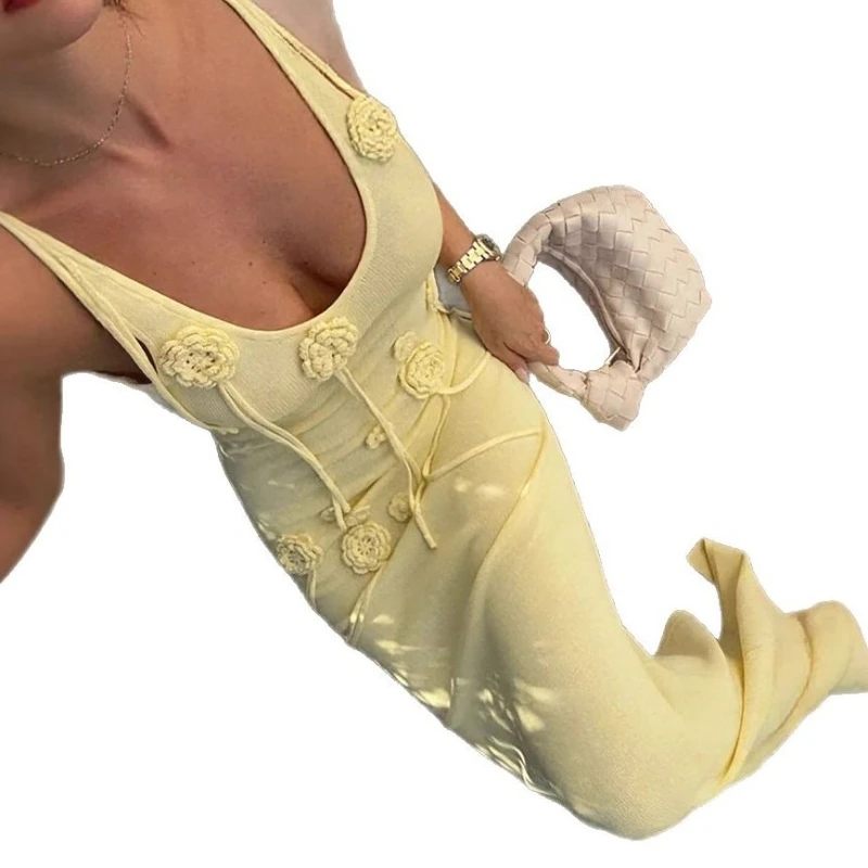 2025 Spring and Autumn Stitching Flower Long Skirt U-neck Slim Backless Women's Knitted Dress