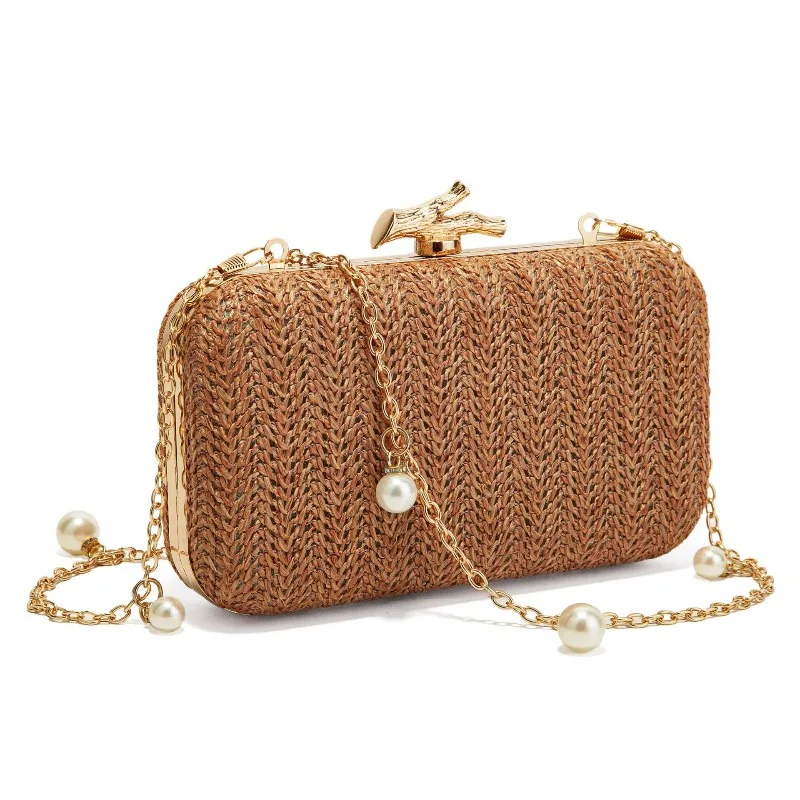 Boho Chic Herringbone Woven Straw Clutch Bag Women Summer Vacation Twig Lock Wedding Evening Purse Formal Crossbody Handbags