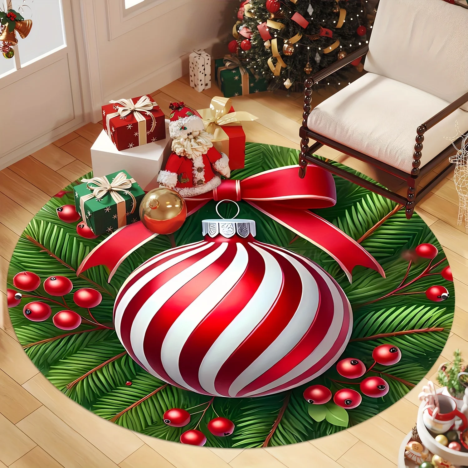 1pc Bell‑Wreath Christmas Printed Round Area Rug, Holiday Floor Mat for Entryway, Living Room,Study & Bedroom Festive Room Decor