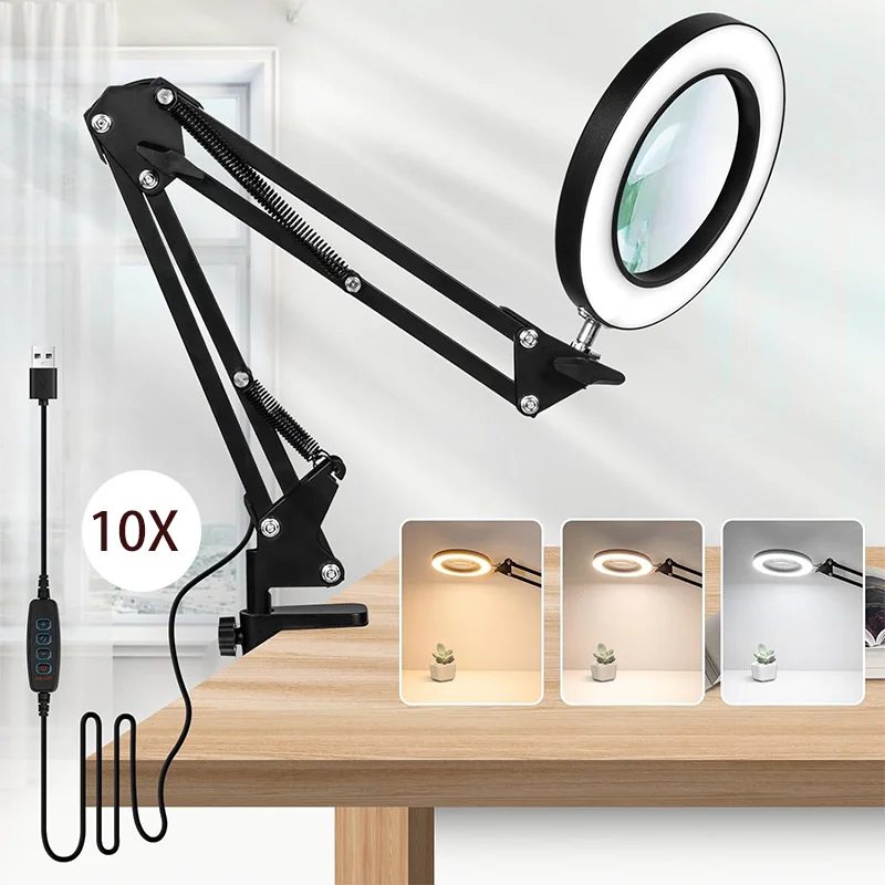 Magnifier Desk Lamp Dimmable LED Double Head USB Reading Light Architect Desk Lamp Eye Protection Office Computer Monitor Screen