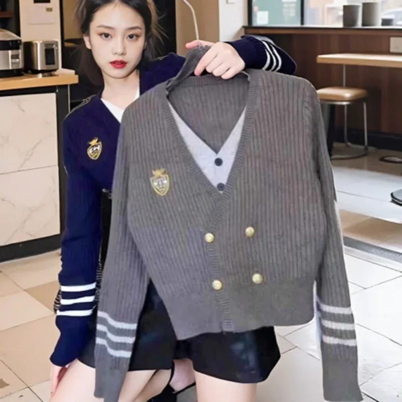 British Preppy Retro Fake Two Piece Knitted Cardigan Sweet V-neck Contrast Double Breasted Jacket Short Coat Slim Women Sweaters