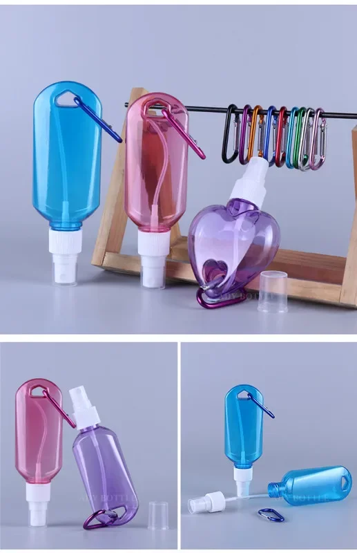 50ml Empty Spray Bottle Love Hook Spray Bottle Refillable Plastic Carabiner Hook Bottle Atomizer Perfume Travel Accessories