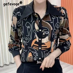 Spring Autumn Women's Clothing Turn-down Collar Geometric Printing Shirts Office Lady Single Breasted Long Sleeve Blouses