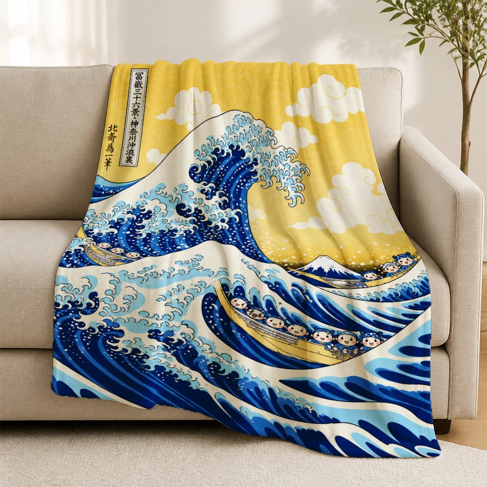 Japanese Great Wave Hokusai Art Sofa Throw Blanket Coastal Ocean Nautical Home Decor Ukiyo-e Design Couch Cover Cushion Gift