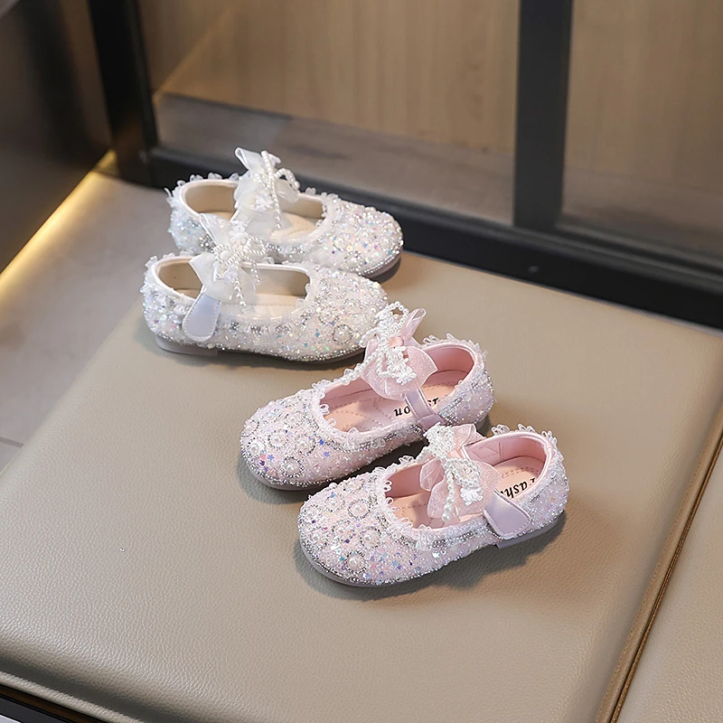 

2025 г., модные детские кожаные туфли с блестками, туфли принцессы со стразами для девочек, детская обувь с цветочным узором для свадьбы, дня рождения, шоу
