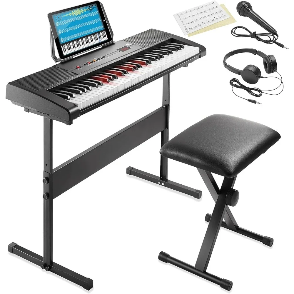 61-Key Digital Electronic Keyboard Piano with Light Up Keys, Includes Stand, Bench, Headphones, Mic and Keynote Stickers Piano