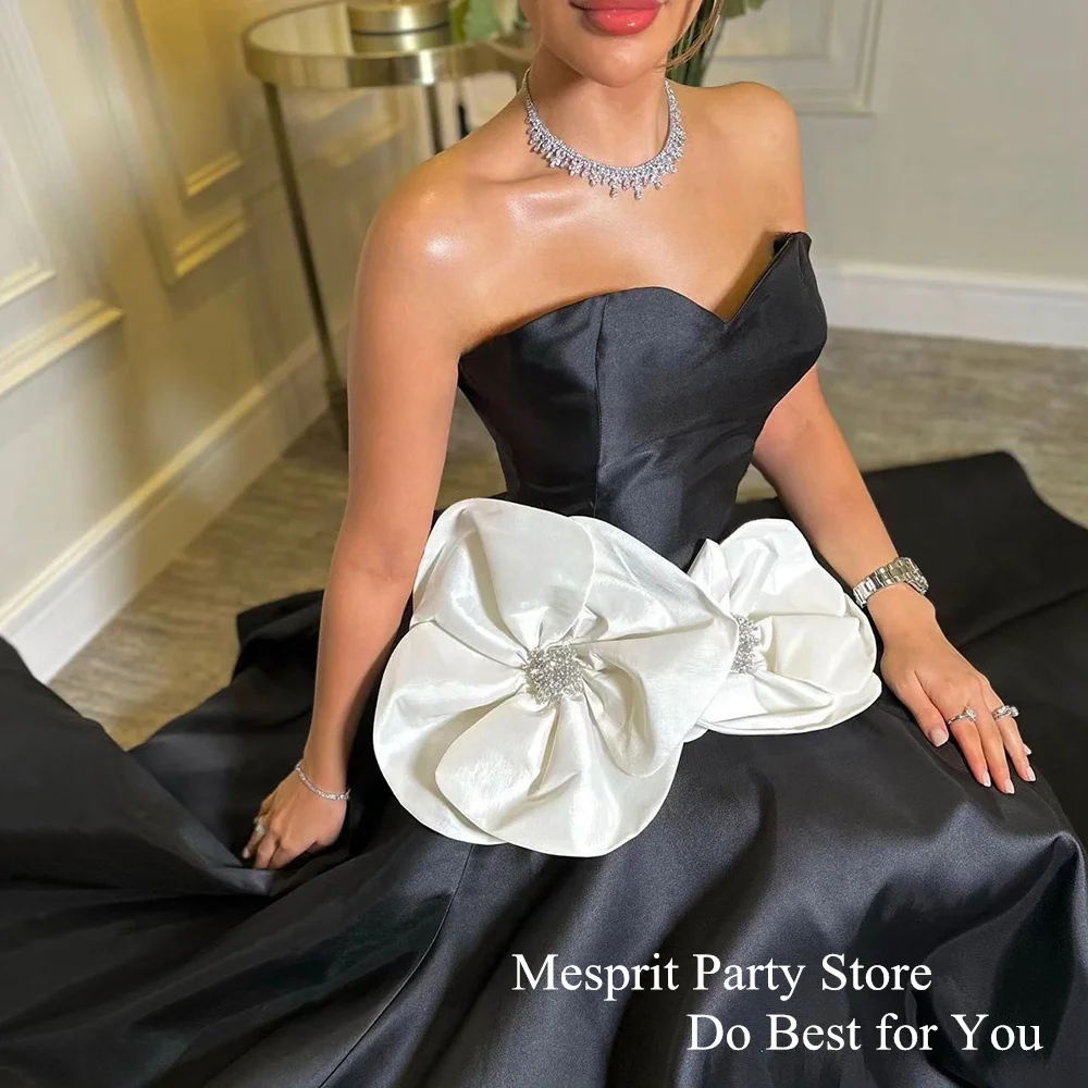 Mesprit Elegant Evening Dress for Woman Sweetheart Sleeveless Big Flowers A Line Satin Black Prom Dresses Princess Party Gown