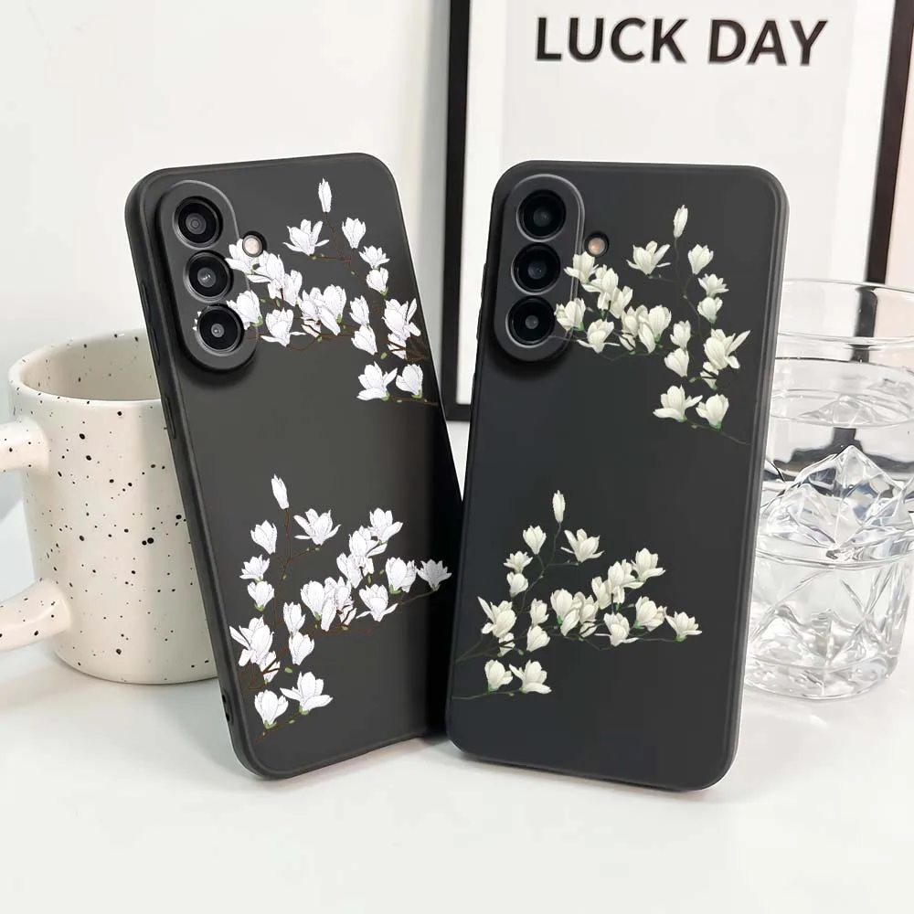White Magnolia Branch For Samsung Note 20 10 A73 A72 A71 A56 A55 A54 A53 A52 A51 A42 A41 A36 A35 A34 Black Phone Case