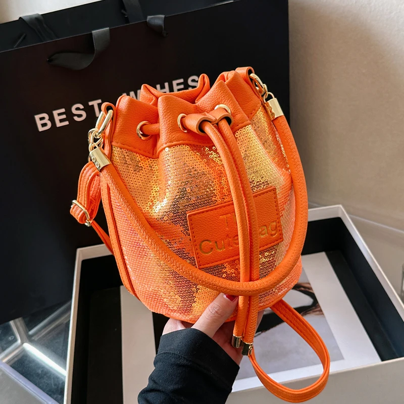 10 Colors Pu Leather Bucket Shoulder Crossbody Bags For Women Designer Shiny Sequined Handbag And Purse 2023 New Messenger Bags