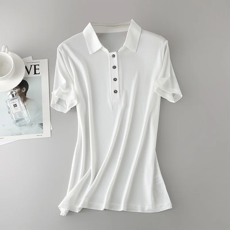 Birdtree, 23% Real Silk 77% Viscose Solid T Shirt, Lapel Loose Soft Tops, Women's Short Sleeve Shirt, 2026 New Clothes T61033JF