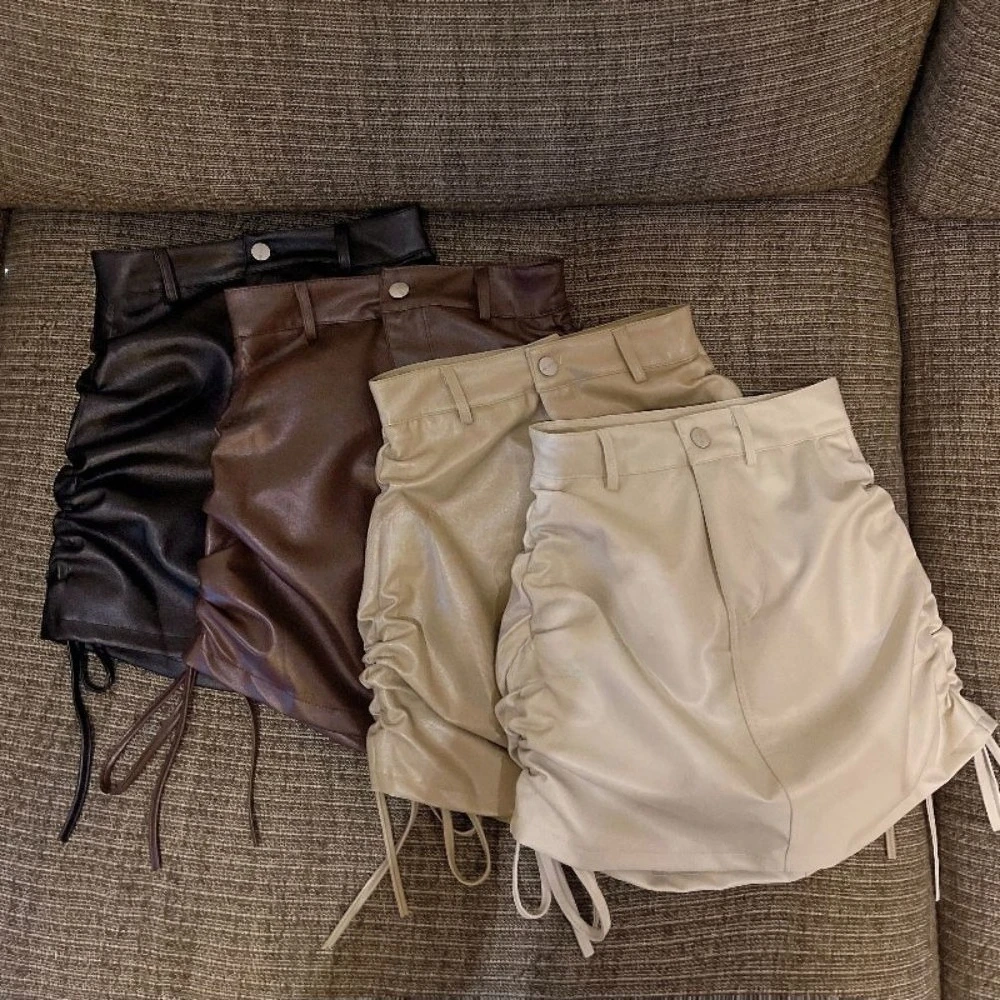 Spice Girl Pu Leather Skirt Women's High Waist Drawstring Pleated Strap Hip Skirt