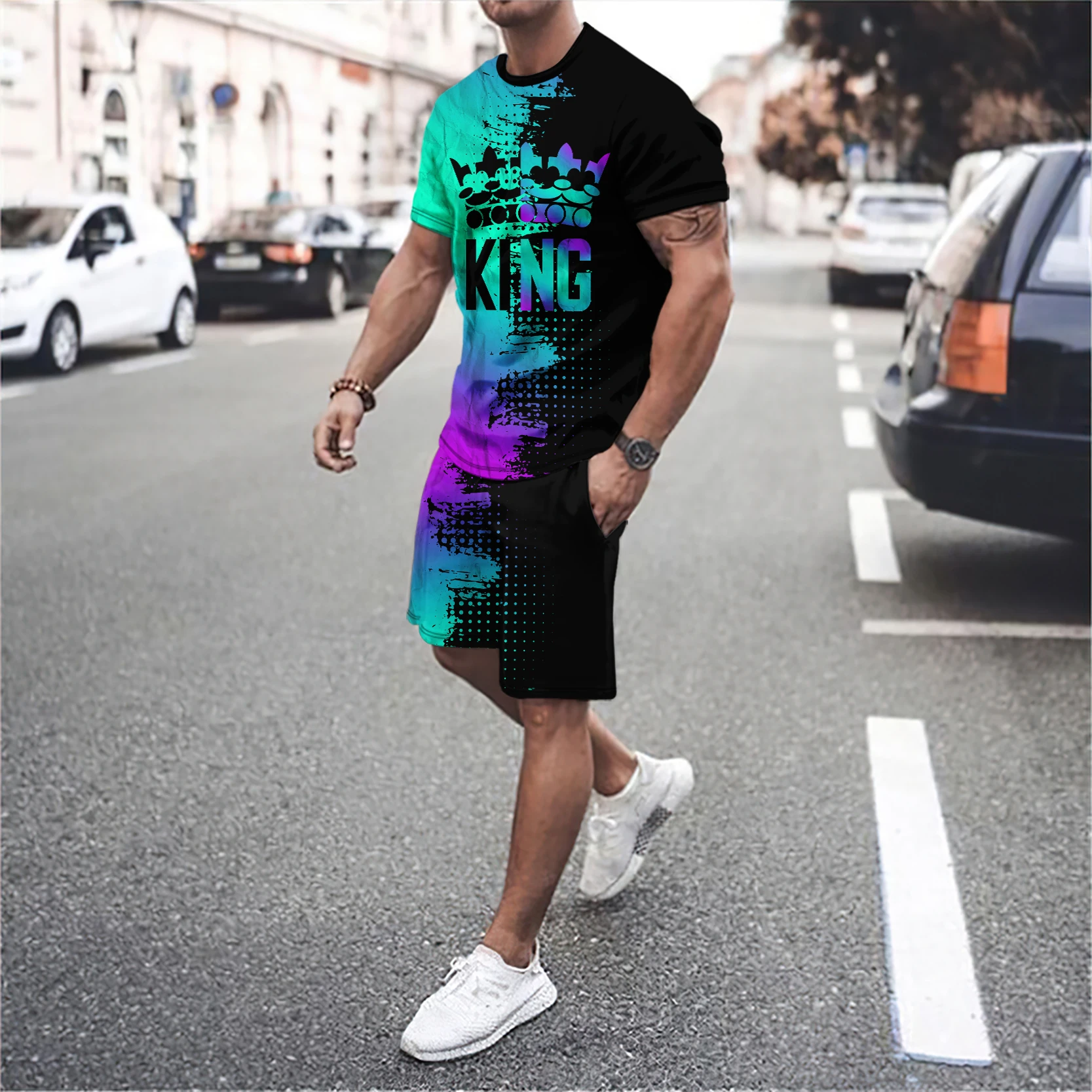 men\'s round neck short sleeved T-shirt and shorts set 3D smiling face letter patchwork fashionable casual basketball sportswear