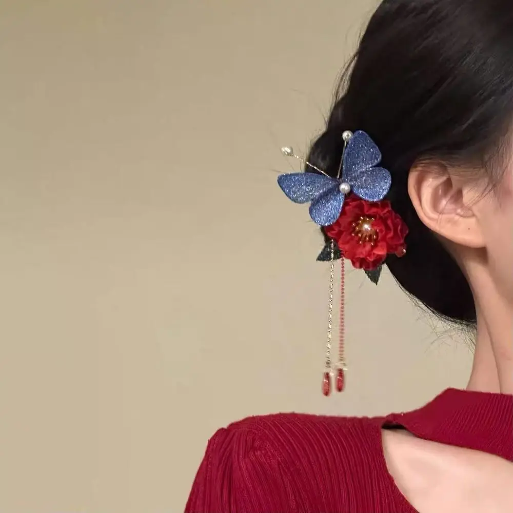 مزاجه شرابة زهرة حمراء مشبك شعر لؤلؤة جديدة النمط الصيني عصا الشعر الخشبية الرجعية العتيقة Hanfu دبوس الشعر عود الشعر