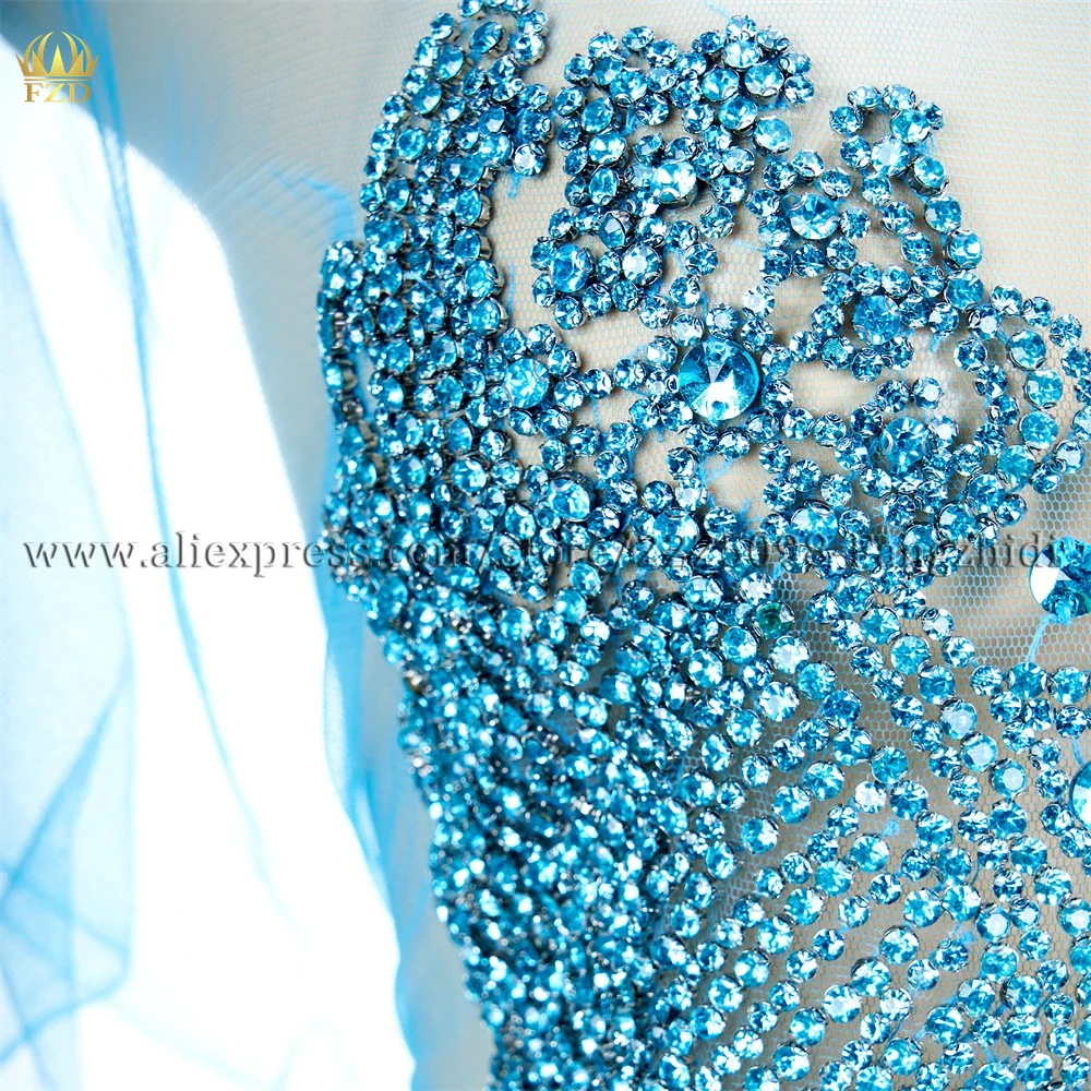 FZD 1 Pcs Cyan Rhinestone Bodice Applique Crystal Applique Crystal Bodice Applique for Wedding Dress Handmade Embroidery Iron On