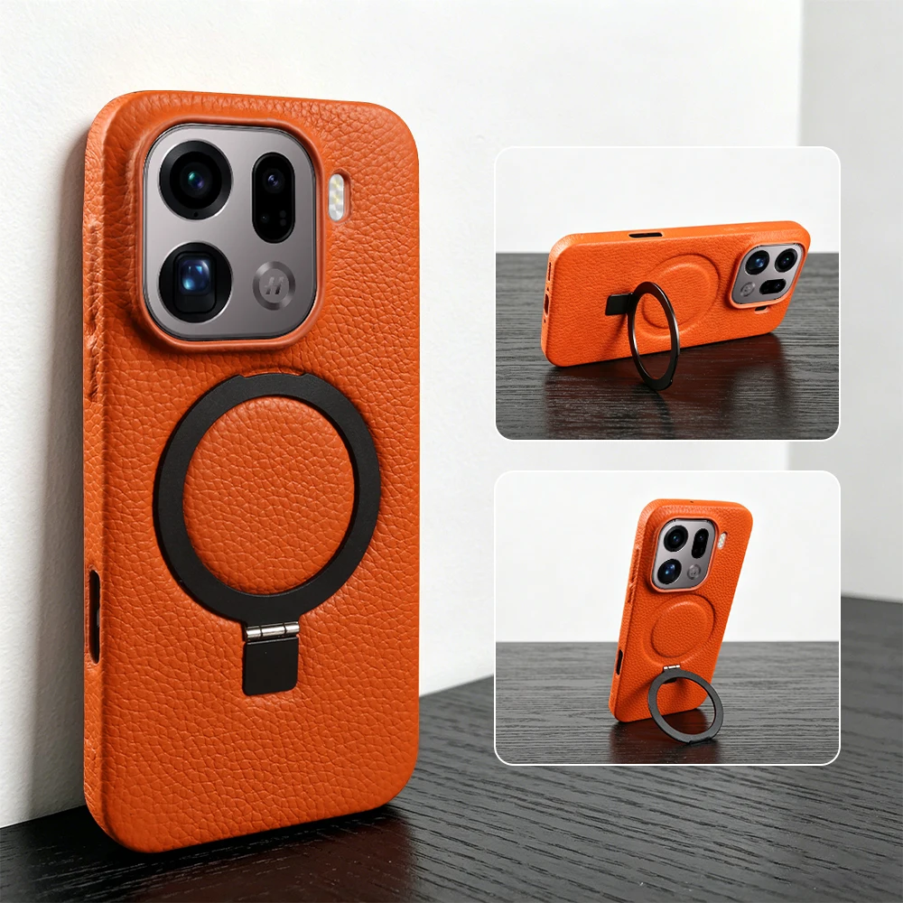 

Magnetic Bracket Ring Genuine Leather Case For OPPO Find X9 Pro X8 Ultra X7 X6 Reno 9 Pro Plus Phone Case Cover X 8 X 9 X9Ultra