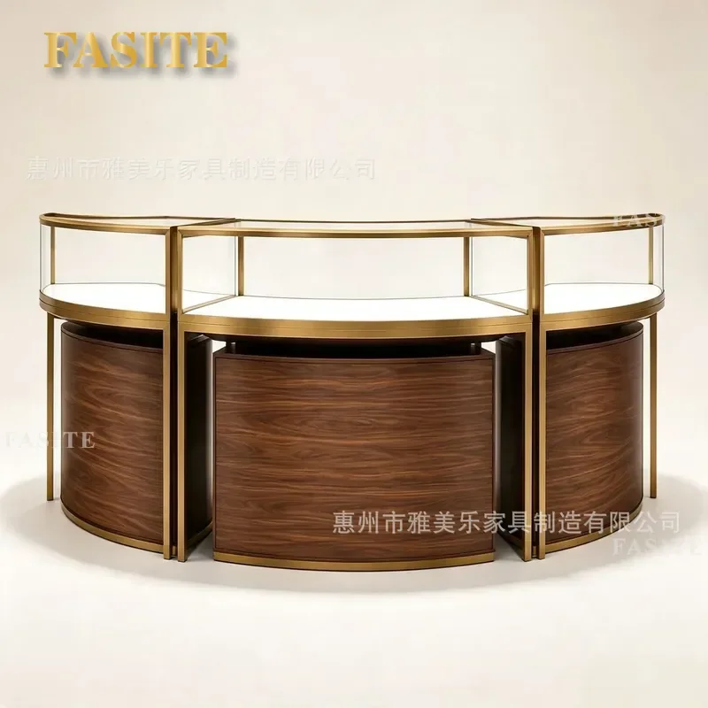 For Light Luxury Arc Jewelry Counter High End Watch Silver Display Cabinet Solid Wood Texture Shopping Mall Exhibition Hall