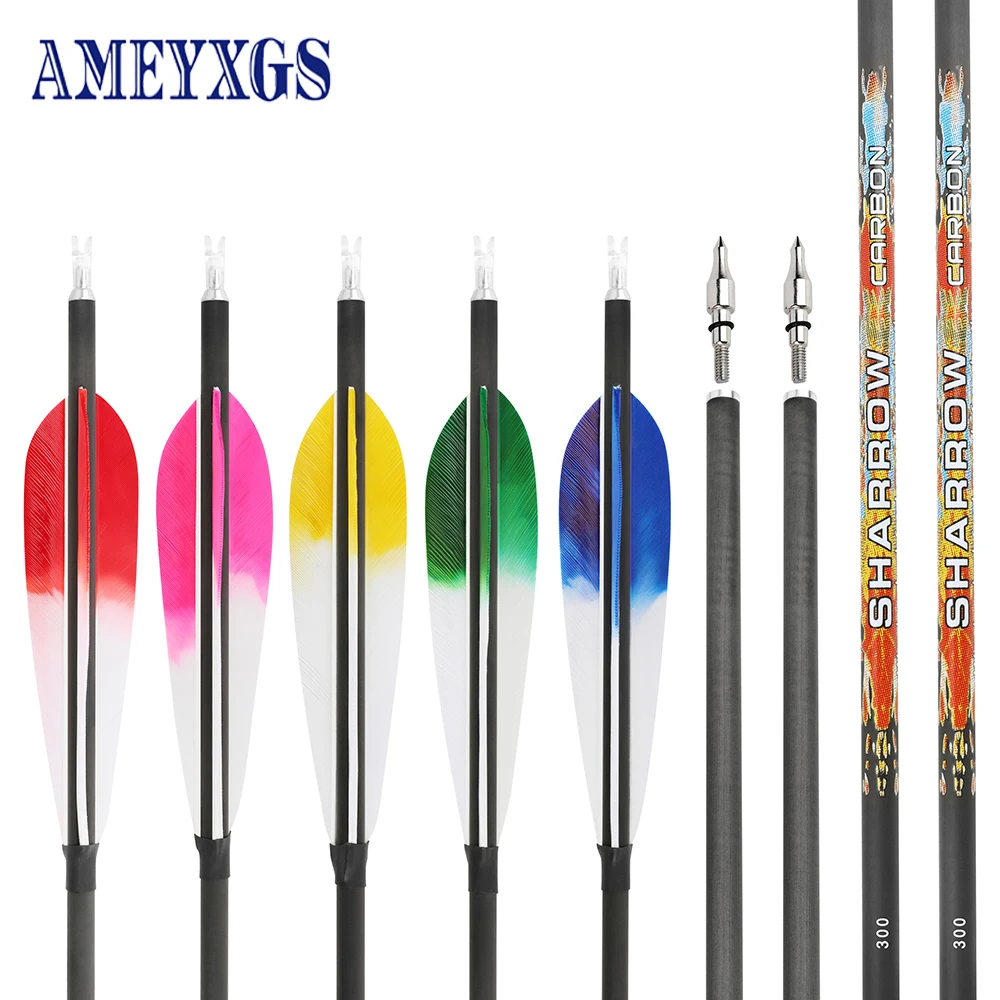 12pcs 32inch Archery Pure Carbon Arrow Spine 250-600 with 5inch Natural Feather and Explosion Proof Ring Hunting Accessories